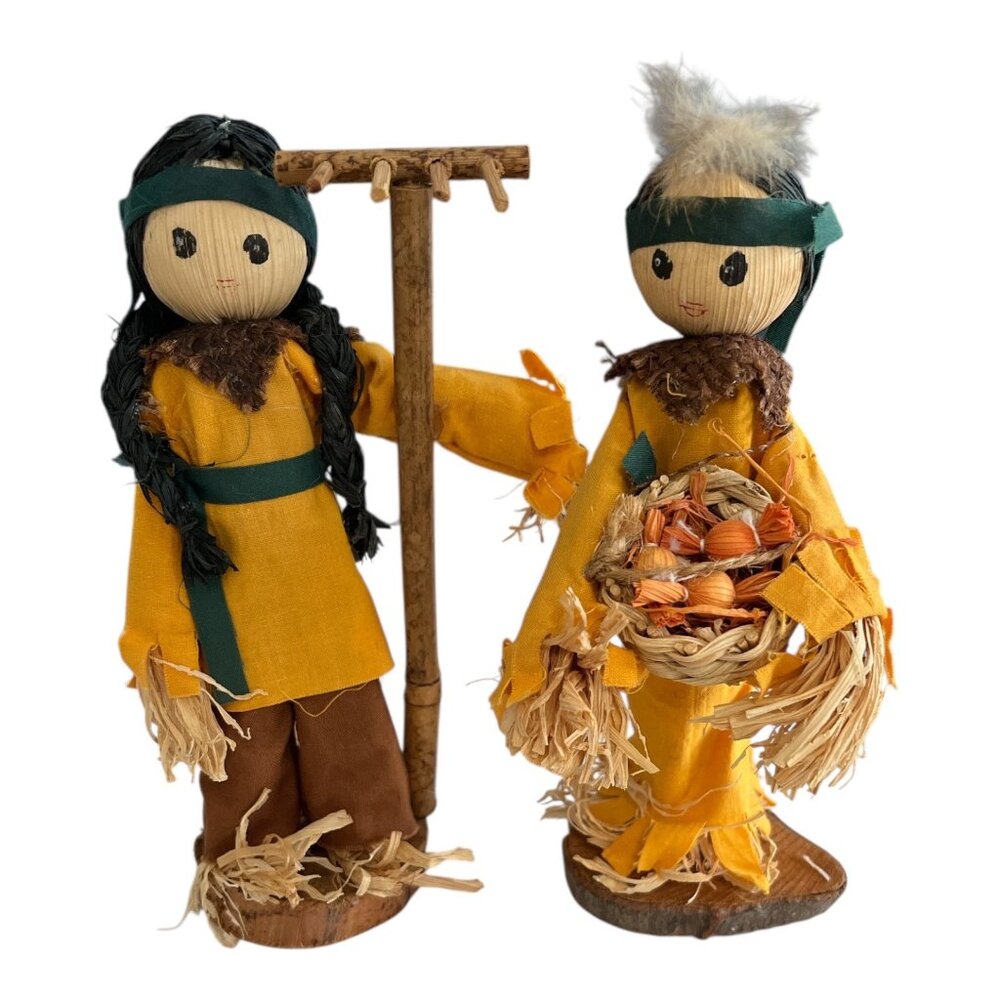 Rustic Corn Husk Farmer Dolls with Wooden Base – 7x2 – Made in China – Harvest T